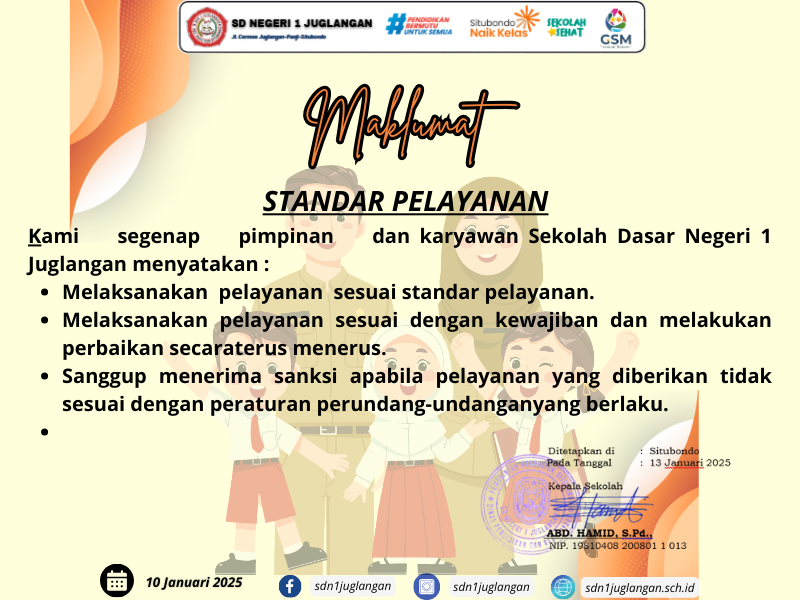 MAKLUMAT STANDAR PELAYANAN SDN 1 JUGLANGAN